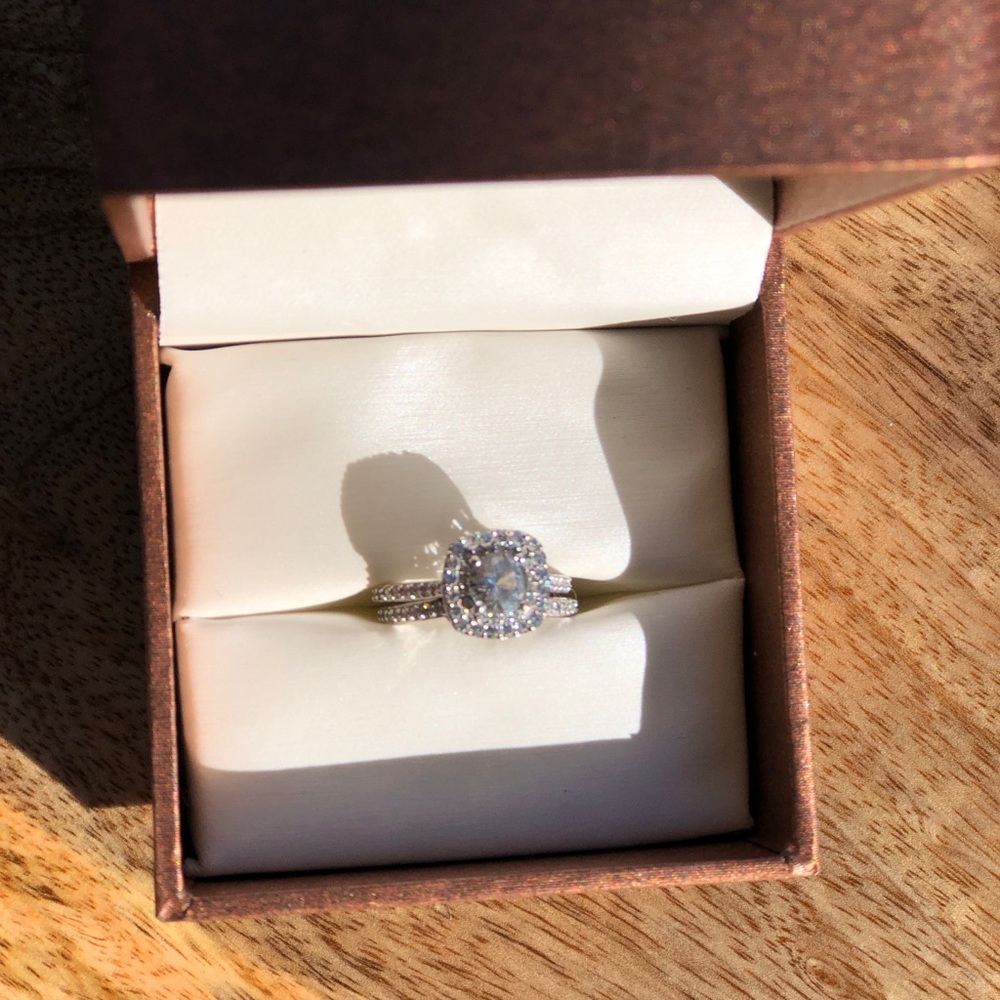 White Sapphire, Diamond 14k white gold bridal set